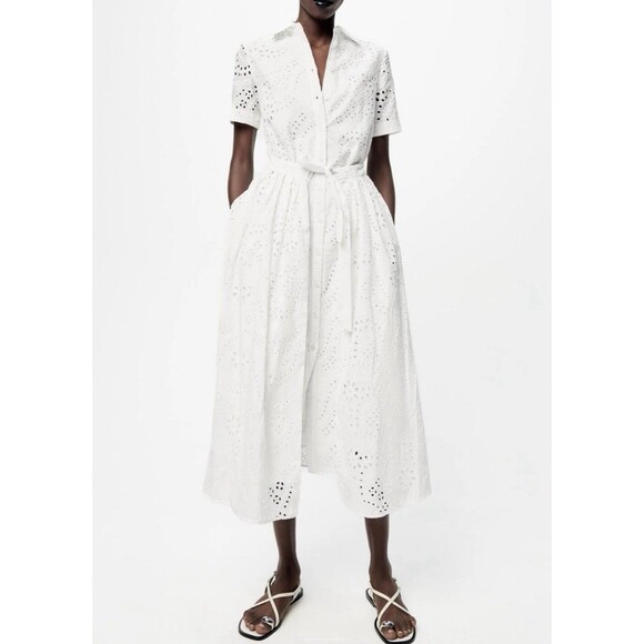 ZARA White Embroidered Eyelet Midi Shirt Dress Pockets Overlay Skirt Sz Medium - Picture 2 of 15